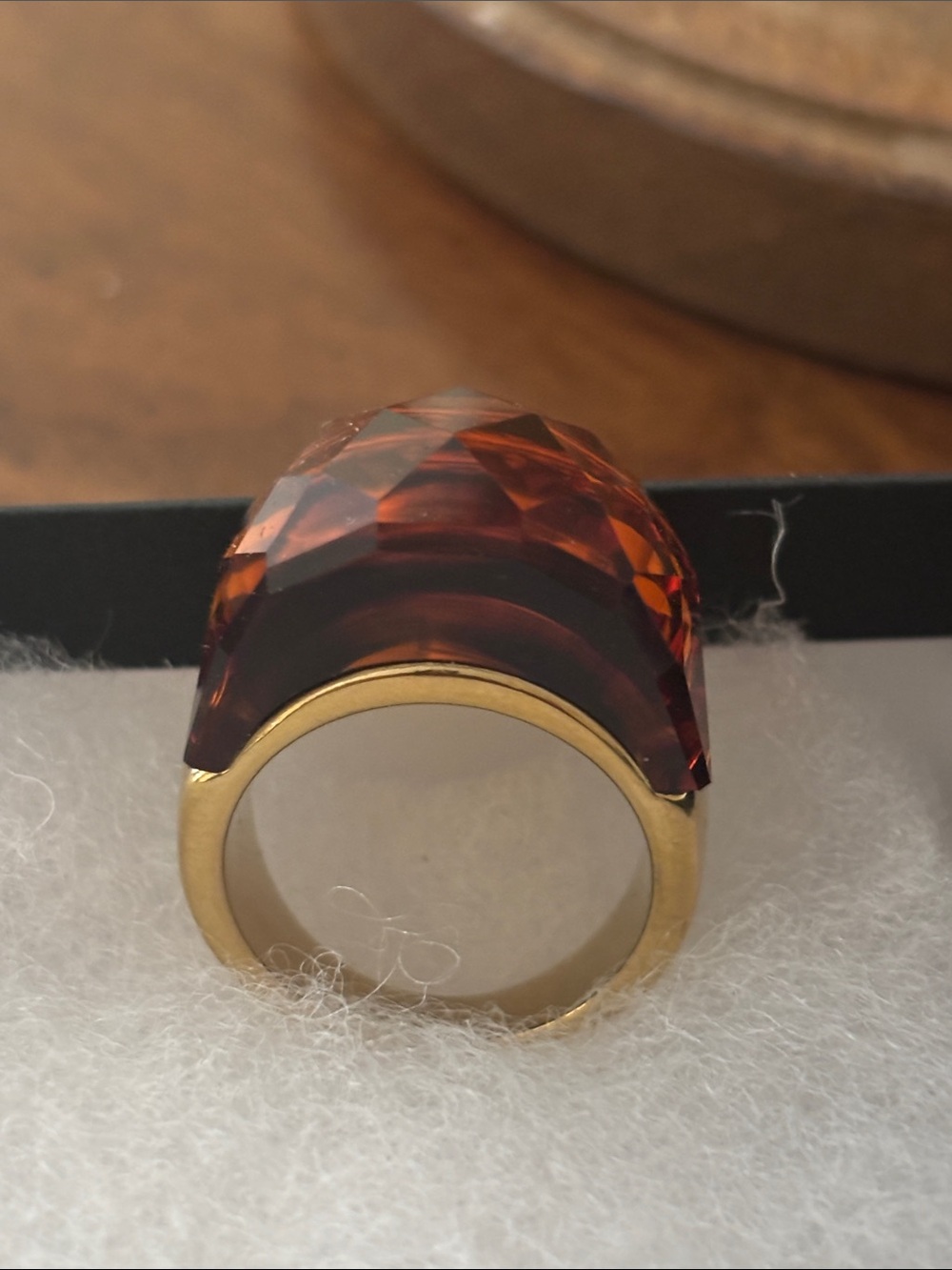 Faceted Amber-Brown Statement Ring in Gold-Tone Band size 10